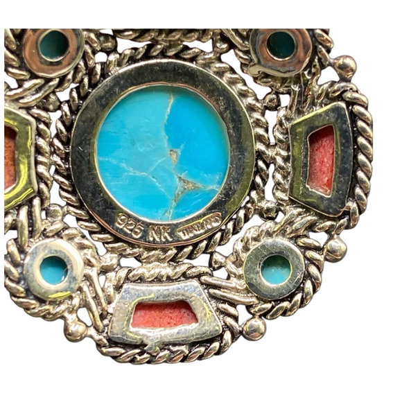 Turquoise Coral Round Charm Pendant Filigree Sterling Silver Crystal NK Thailand - Picture 4 of 8